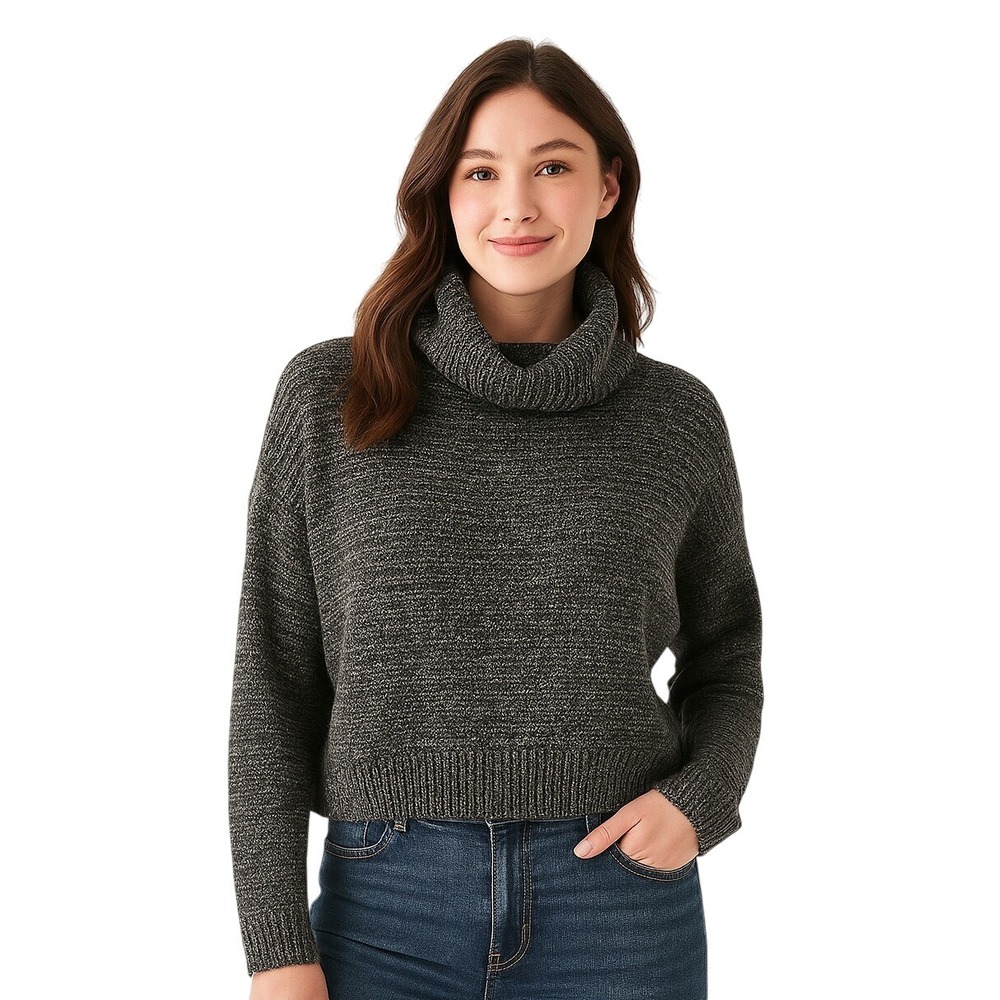 Poof Apparel Cropped Sweater Size S Grey Turtleneck Cozy Chenille‎ Soft Modern